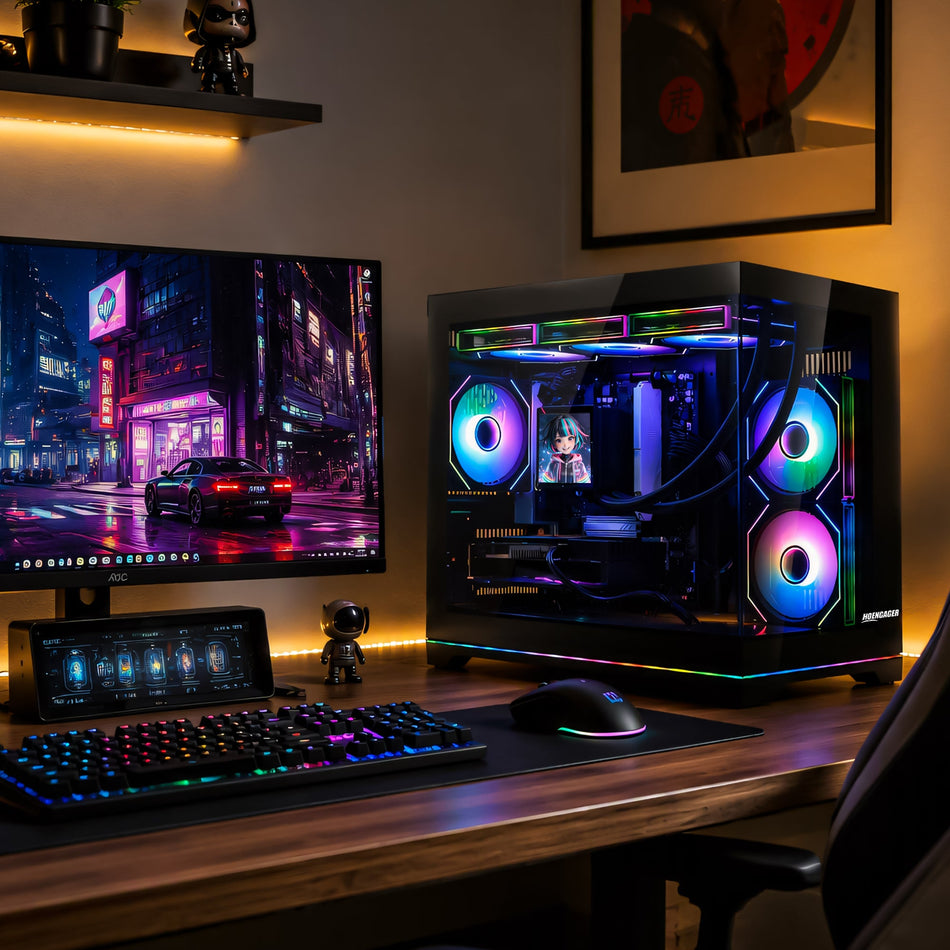 Lifestyle setup of Hoengager Macaron Gaming PC (Ryzen 7 9800X3D, RX 9070 XT 16GB) on a wooden desk, accompanied by a gaming monitor, keyboard, mouse, and decorative items in a dark room.