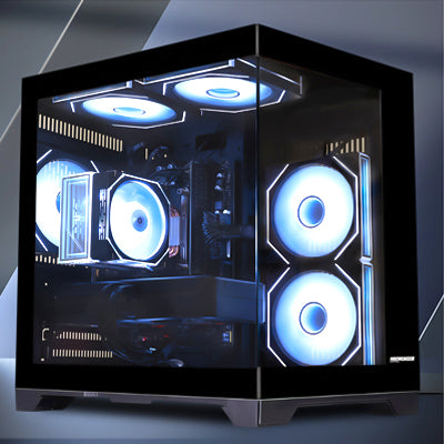 Main view of Hoengager Gaming PC I5 14400f RTX 5060 Stealth Black High Performance with panoramic glass case and RGB lighting