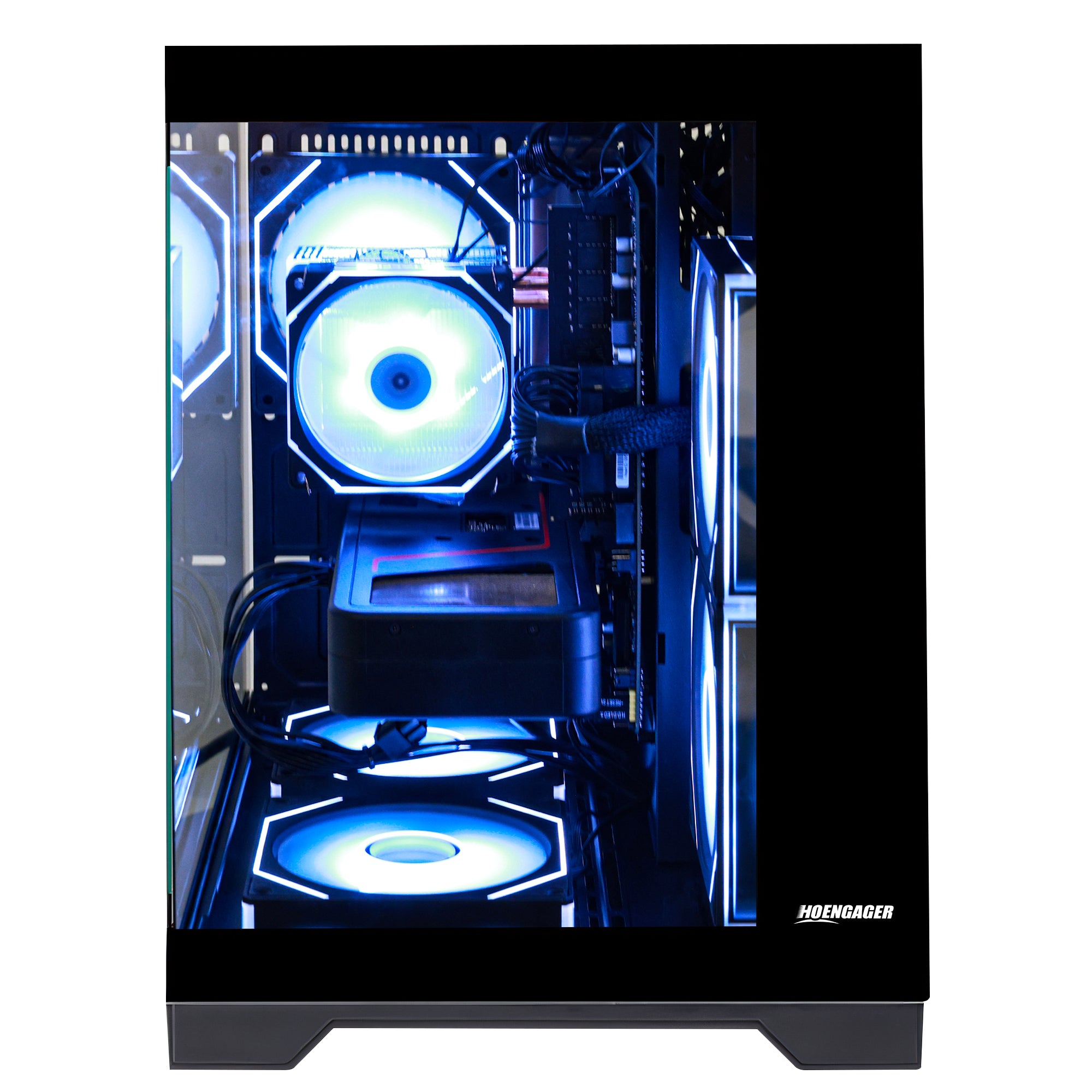 Front view of Hoengager Gaming PC I5 14400f RTX 5060 Stealth Black High Performance gaming desktop with vibrant RGB fans