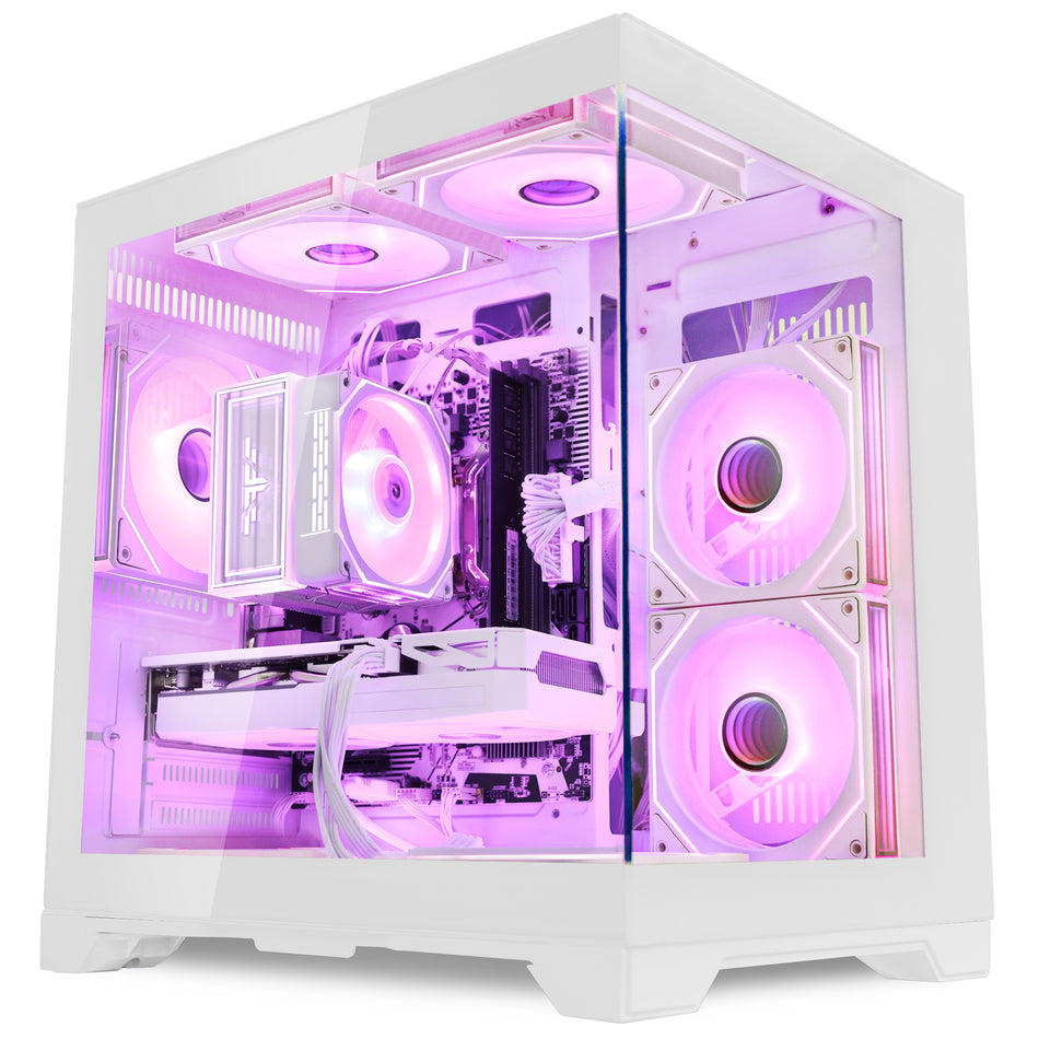 Side profile of Hoengager Gaming PC I5 14400f RTX 5060 White Edition showing internal components and cooling system