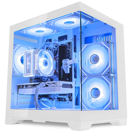 Front view of Hoengager Gaming PC I5 14400f RTX 5060 White Edition gaming desktop with vibrant RGB fans