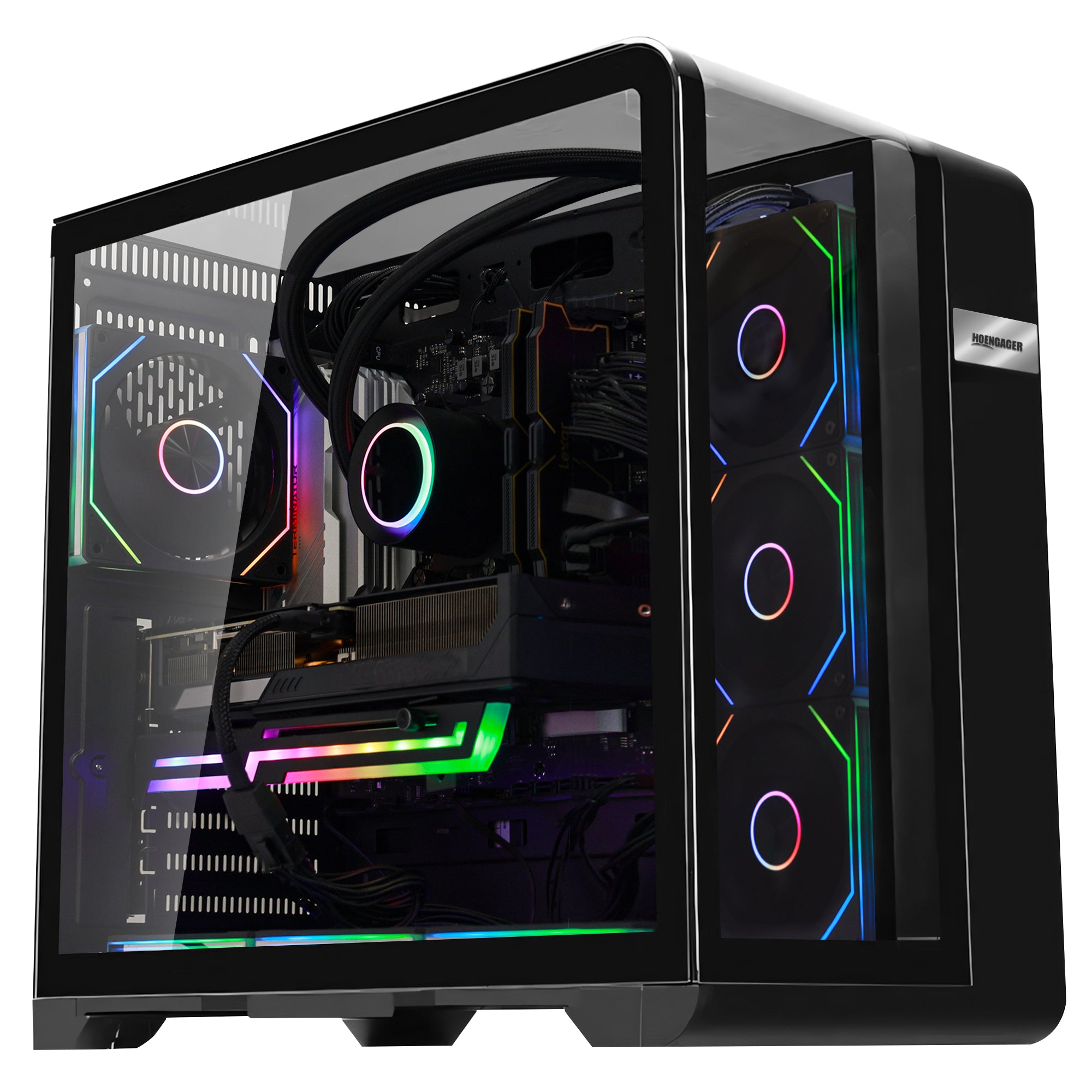 Main view of Hoengager Gaming PC Ryzen 7 9800x3d RTX 5070 32gb Ddr5 Stealth Black 9000 Series High Performance with panoramic glass case and RGB lighting