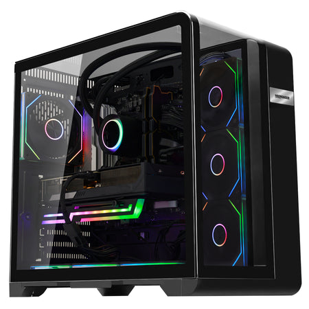 Main view of Hoengager Gaming PC Ryzen 7 9800x3d RTX 5070 32gb Ddr5 Stealth Black 9000 Series High Performance with panoramic glass case and RGB lighting