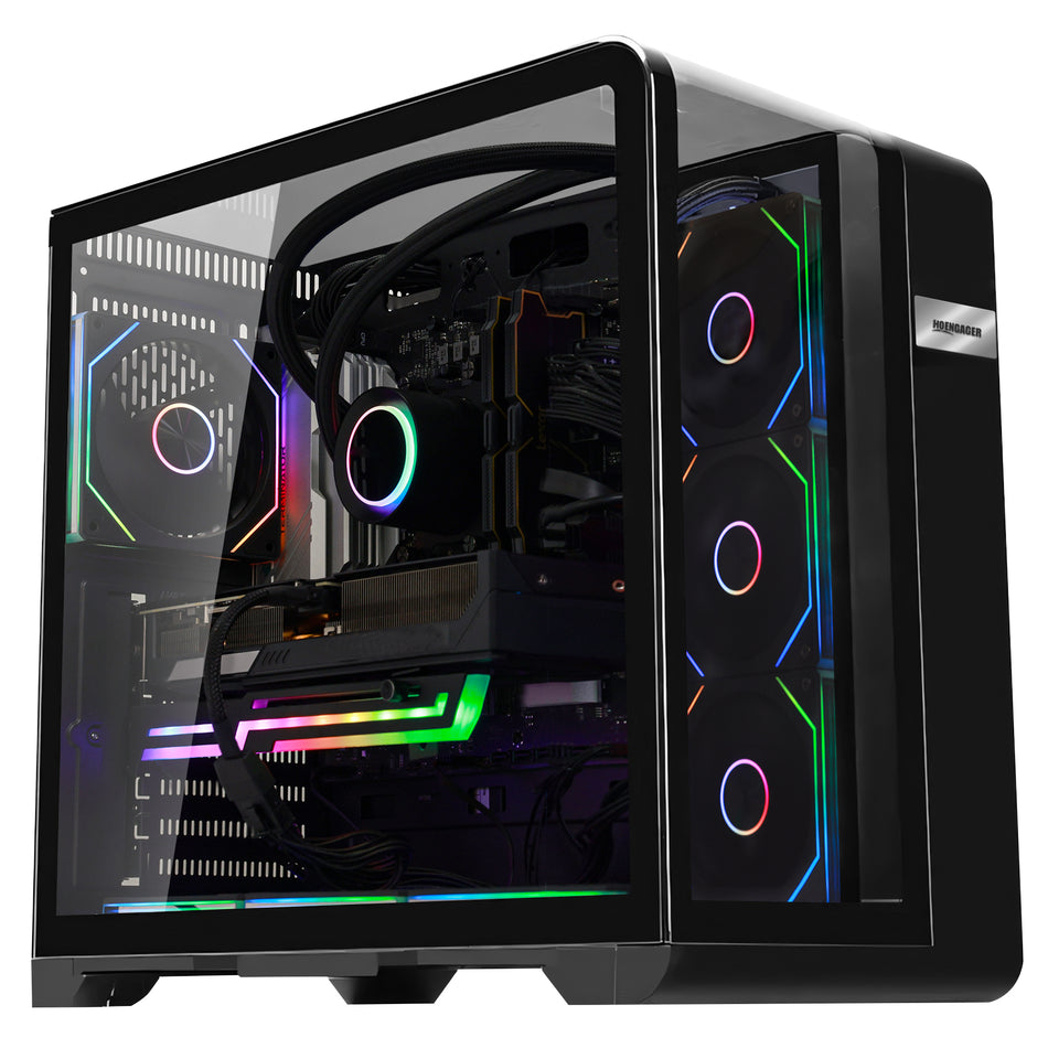 Main view of Hoengager Gaming PC Ryzen 7 9800x3d RTX 5070 32gb Ddr5 Stealth Black 9000 Series High Performance with panoramic glass case and RGB lighting
