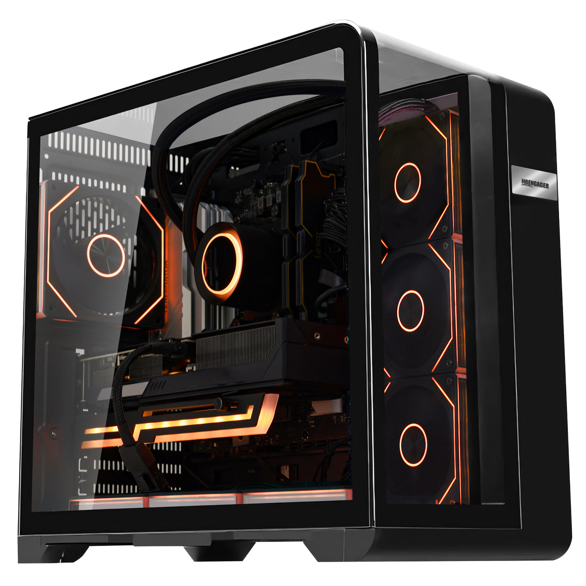 Side profile of Hoengager Gaming PC Ryzen 7 9800x3d RTX 5070 32gb Ddr5 Stealth Black 9000 Series High Performance showing internal components and cooling system