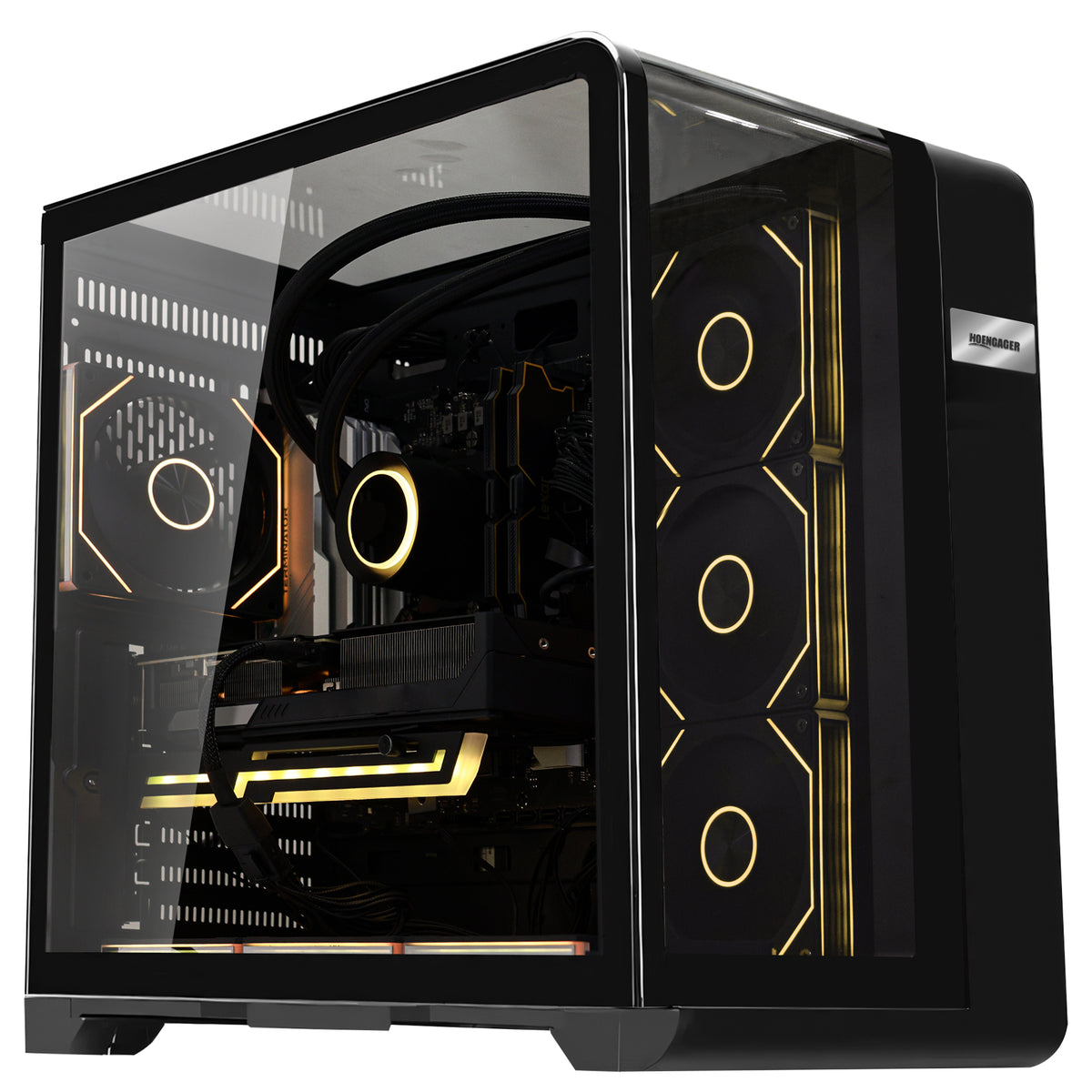 Close-up of Hoengager Gaming PC Ryzen 7 9800x3d RTX 5070 32gb Ddr5 Stealth Black 9000 Series High Performance interior featuring liquid cooling and GPU