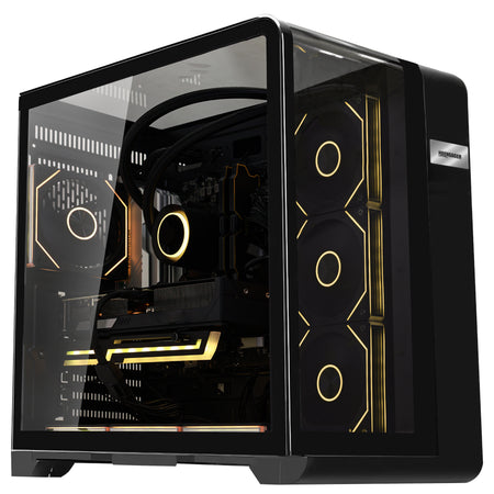 Close-up of Hoengager Gaming PC Ryzen 7 9800x3d RTX 5070 32gb Ddr5 Stealth Black 9000 Series High Performance interior featuring liquid cooling and GPU