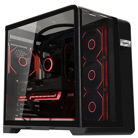 Front view of Hoengager Gaming PC Ryzen 7 9800x3d RTX 5070 32gb Ddr5 Stealth Black 9000 Series High Performance gaming desktop with vibrant RGB fans