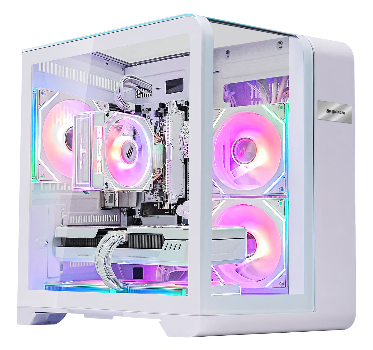 Main view of Hoengager Gaming PC Ryzen 7 7800x3d RTX 5070 32gb Ddr5 White Edition 7000 Series with panoramic glass case and RGB lighting