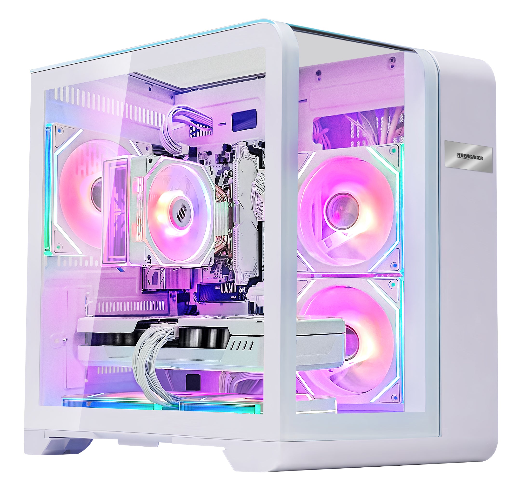 Side profile of Hoengager Gaming PC Ryzen 7 7800x3d RTX 5070 32gb Ddr5 White Edition 7000 Series showing internal components and cooling system