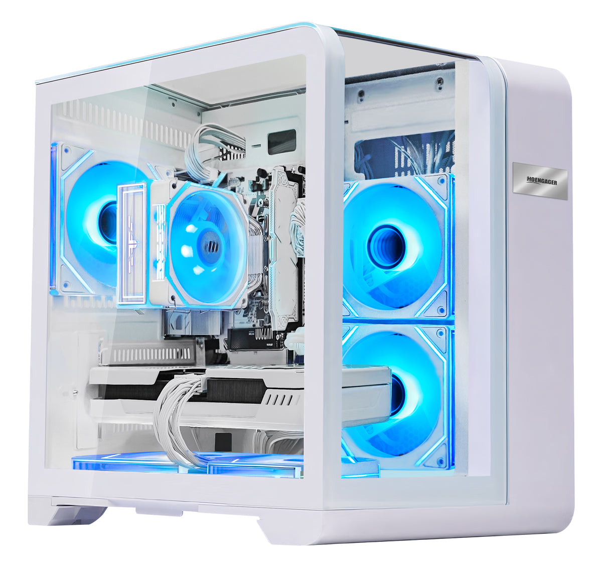 Close-up of Hoengager Gaming PC Ryzen 7 7800x3d RTX 5070 32gb Ddr5 White Edition 7000 Series interior featuring liquid cooling and GPU
