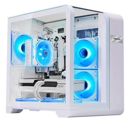 Close-up of Hoengager Gaming PC Ryzen 7 7800x3d RTX 5070 32gb Ddr5 White Edition 7000 Series interior featuring liquid cooling and GPU