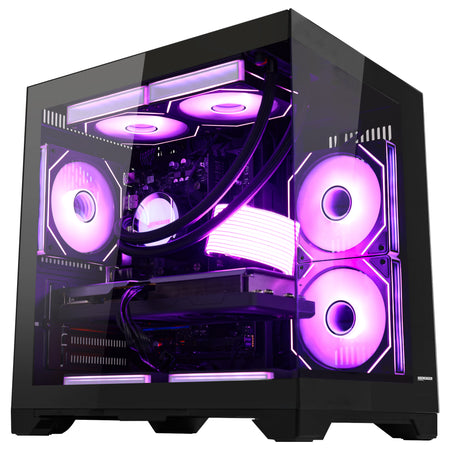 Side profile of Hoengager Panaroma Ryzen 7 5700x RTX 5070 Stealth Black 5000 Series High Performance showing internal components and cooling system