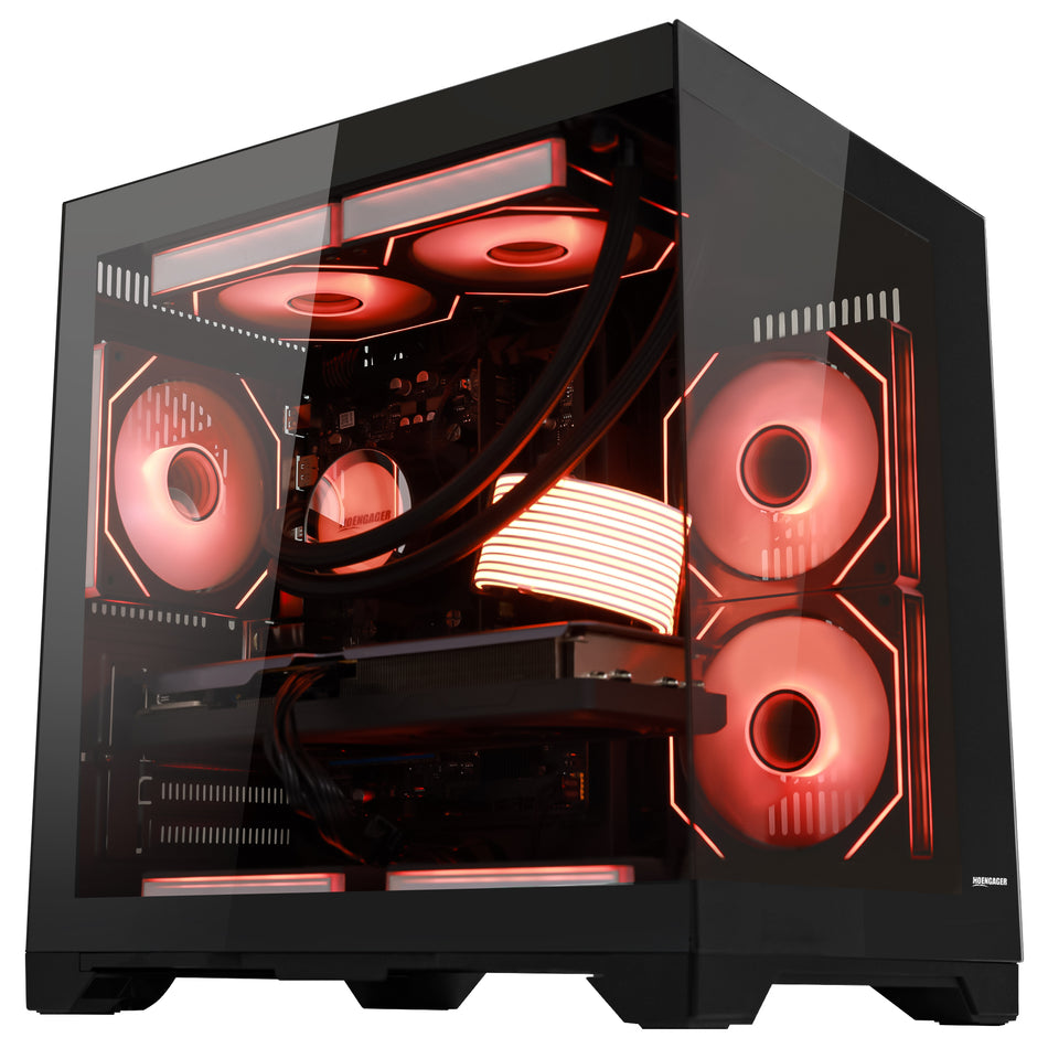 Close-up of Hoengager Panaroma Ryzen 7 5700x RTX 5070 Stealth Black 5000 Series High Performance interior featuring liquid cooling and GPU