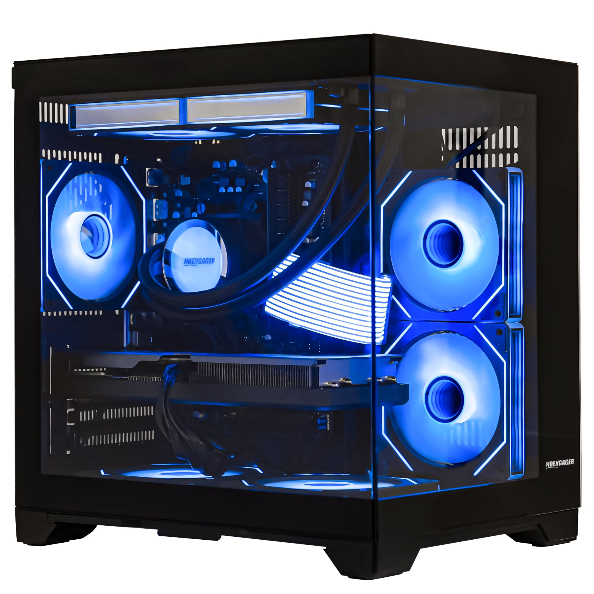 Front view of Hoengager Panaroma Ryzen 7 5700x RTX 5070 Stealth Black 5000 Series High Performance gaming desktop with vibrant RGB fans
