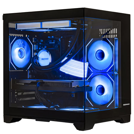 Front view of Hoengager Panaroma Ryzen 7 5700x RTX 5070 Stealth Black 5000 Series High Performance gaming desktop with vibrant RGB fans