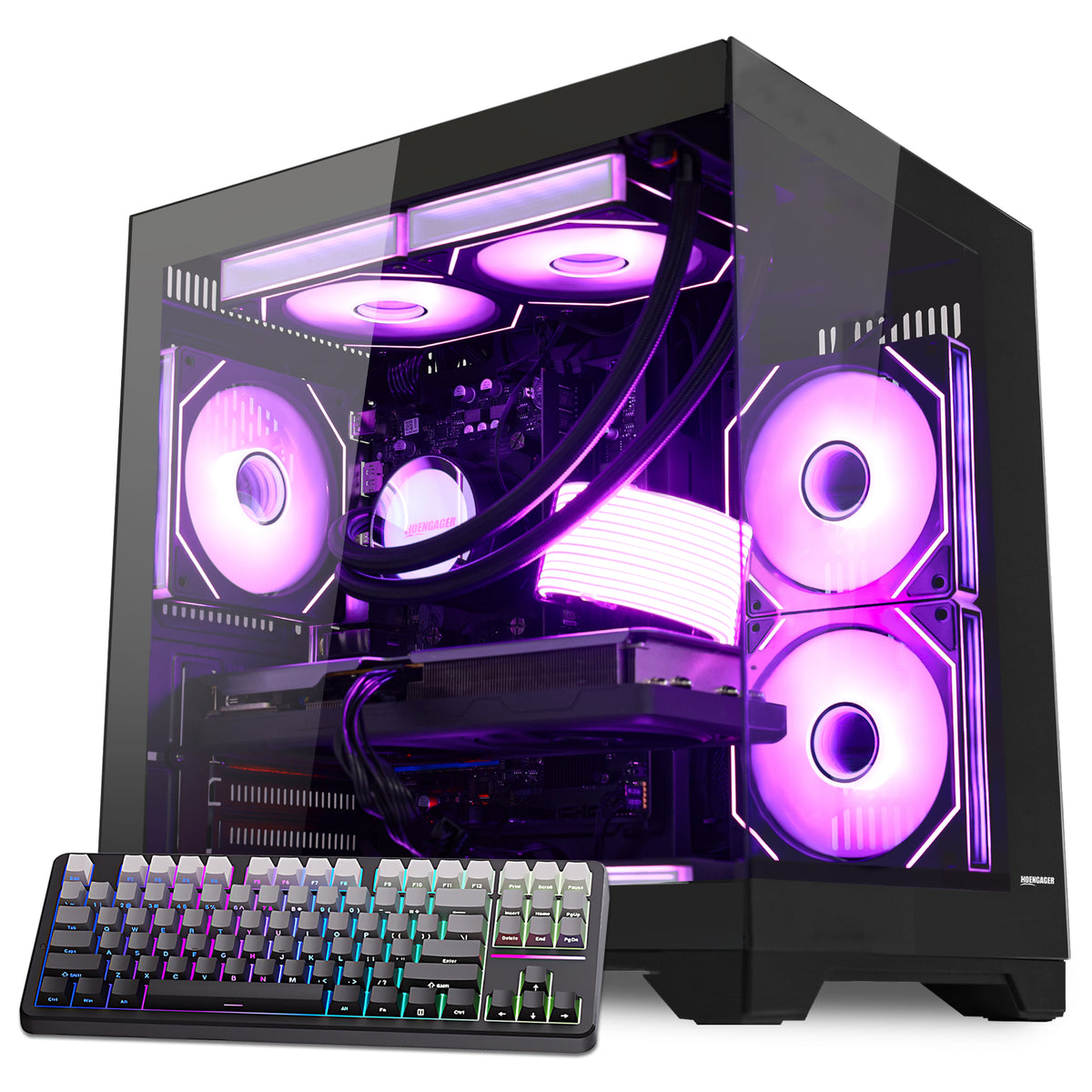 Main view of Hoengager Panaroma Ryzen 7 5700x RTX 5070 Stealth Black 5000 Series High Performance with panoramic glass case and RGB lighting