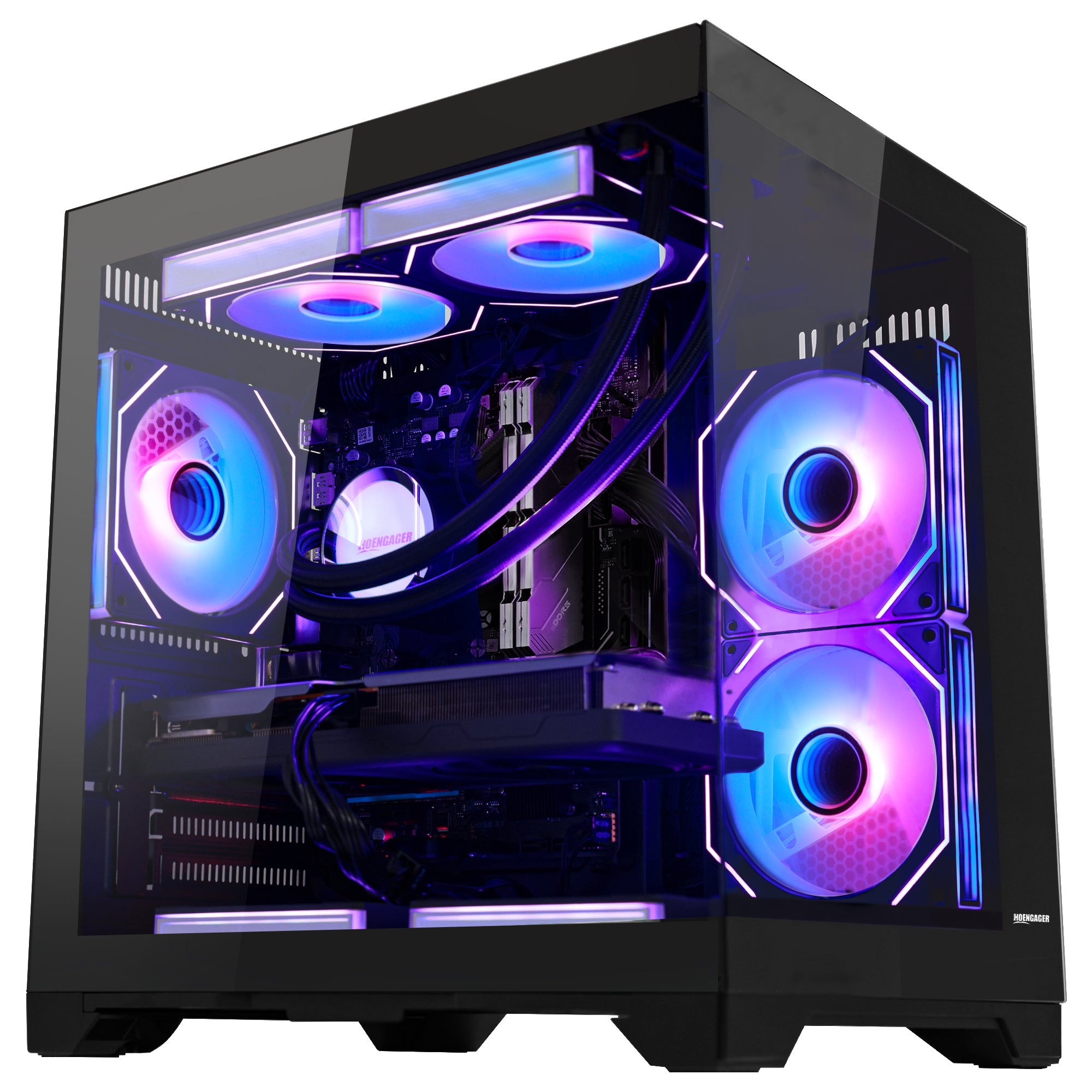 Side profile of Hoengager Panaroma Ryzen 5 9600x RX 9060 XT 32gb Ddr5 9000 Series showing internal components and cooling system