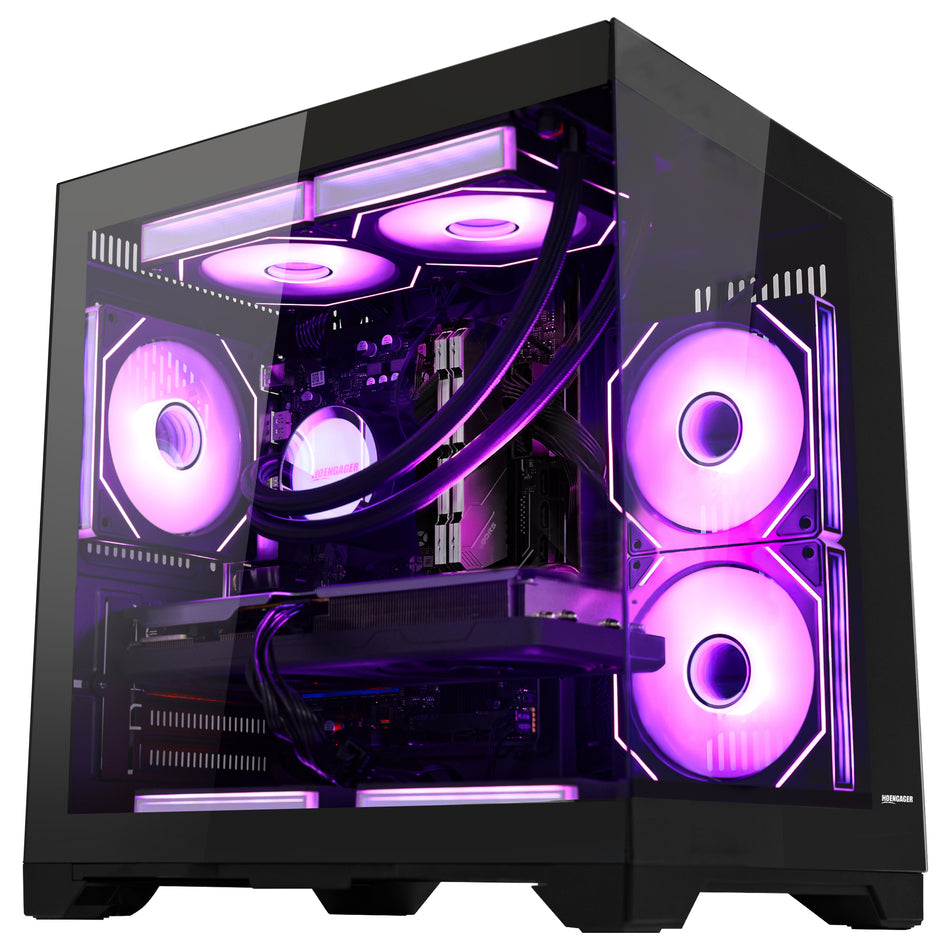 Close-up of Hoengager Panaroma Ryzen 5 9600x RX 9060 XT 32gb Ddr5 9000 Series interior featuring liquid cooling and GPU