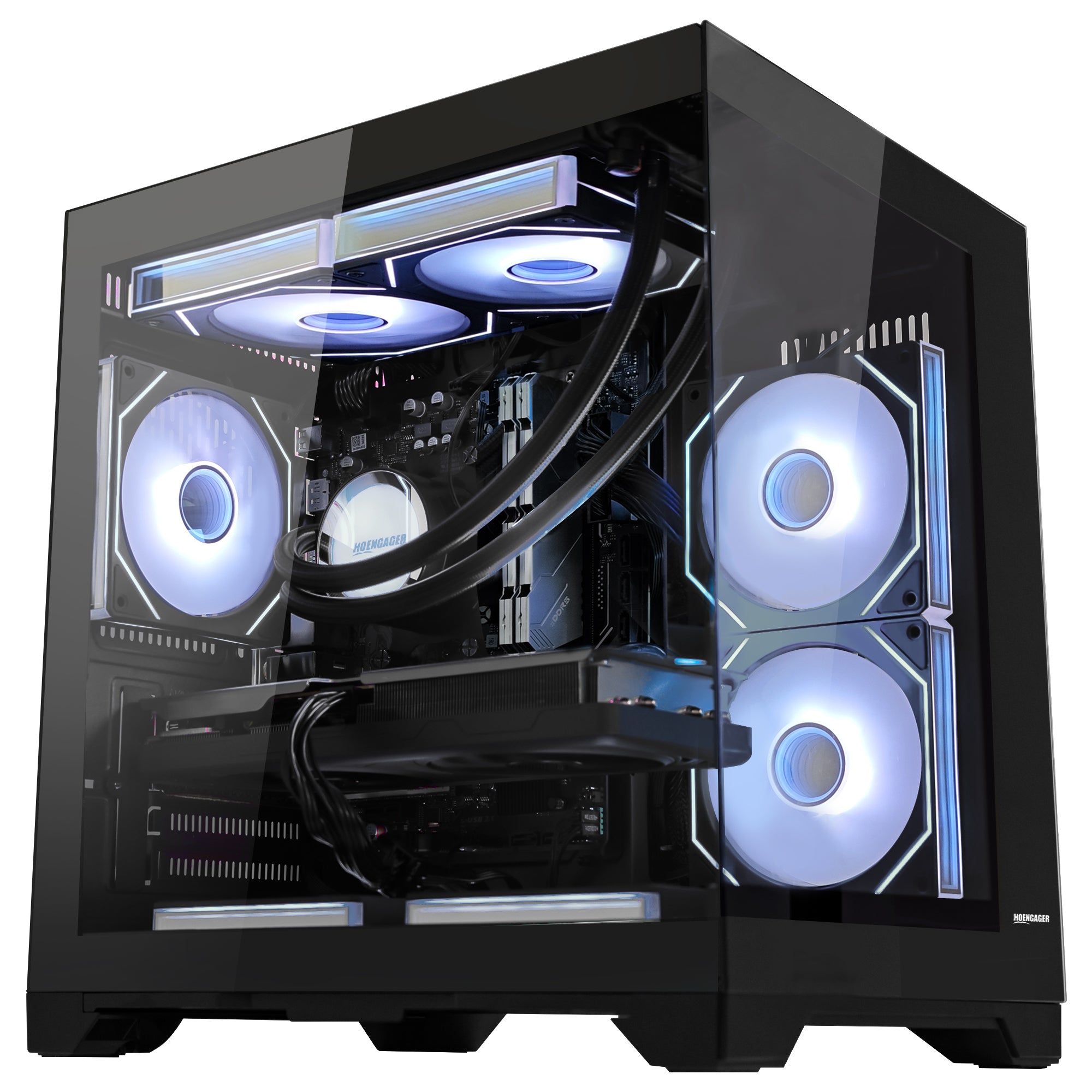 Front view of Hoengager Panaroma Ryzen 5 9600x RX 9060 XT 32gb Ddr5 9000 Series gaming desktop with vibrant RGB fans