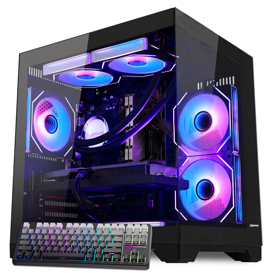 Main view of Hoengager Panaroma Ryzen 5 9600x RX 9060 XT 32gb Ddr5 9000 Series with panoramic glass case and RGB lighting