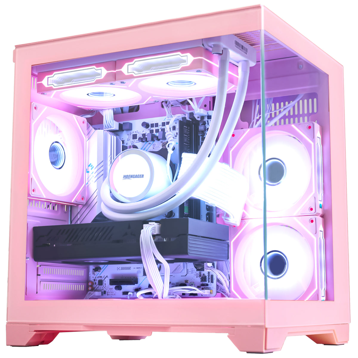 Side view of Hoengager Panorama Pink gaming desktop PC with Ryzen 5 5500, RTX 3060 12GB GPU, and white interior components