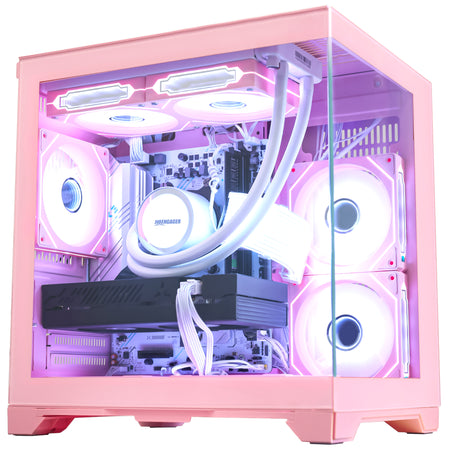 Side view of Hoengager Panorama Pink gaming desktop PC with Ryzen 5 5500, RTX 3060 12GB GPU, and white interior components
