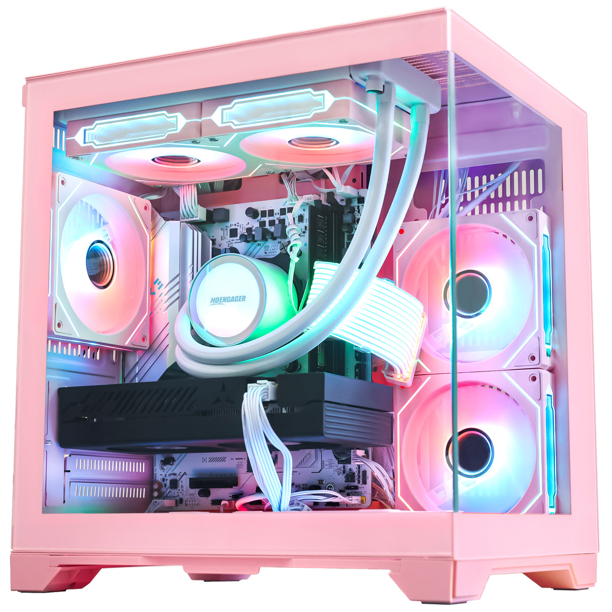Hoengager Panorama Pink gaming desktop PC with AMD Ryzen 5 5500 and RTX 3060 12GB featuring magenta RGB fan lighting
