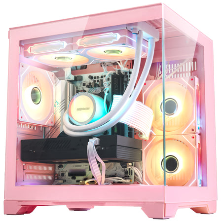 Hoengager Panorama Pink PC build featuring Ryzen 5 5500 and RTX 3060 12GB with cyan custom RGB lighting effects