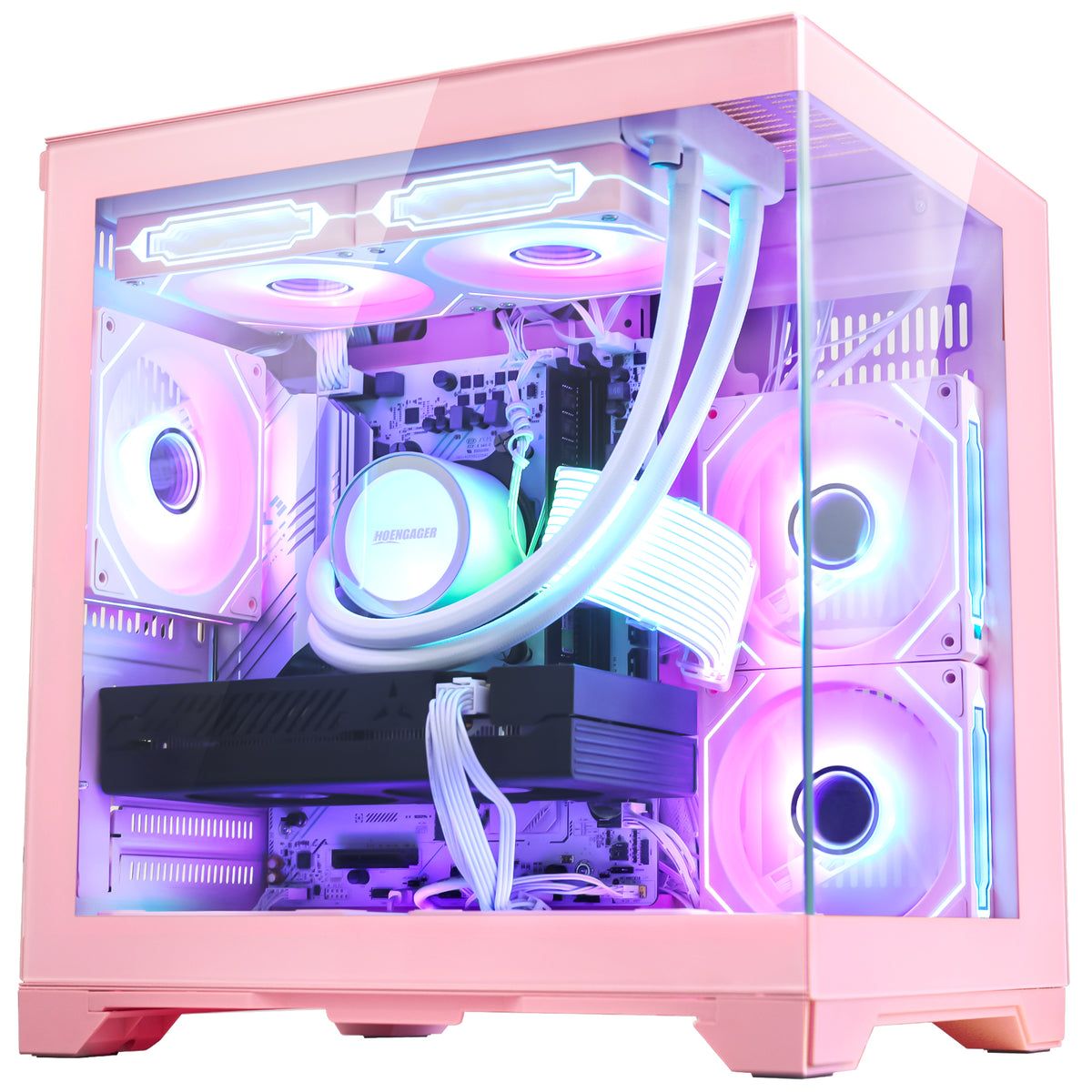 Front panoramic glass view of Hoengager Panorama Pink prebuilt PC showing liquid CPU cooler and white sleeved power cables