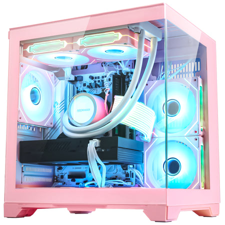 Top perspective view of Hoengager Panorama Pink gaming PC with magnetic top dust filter and top I/O ports