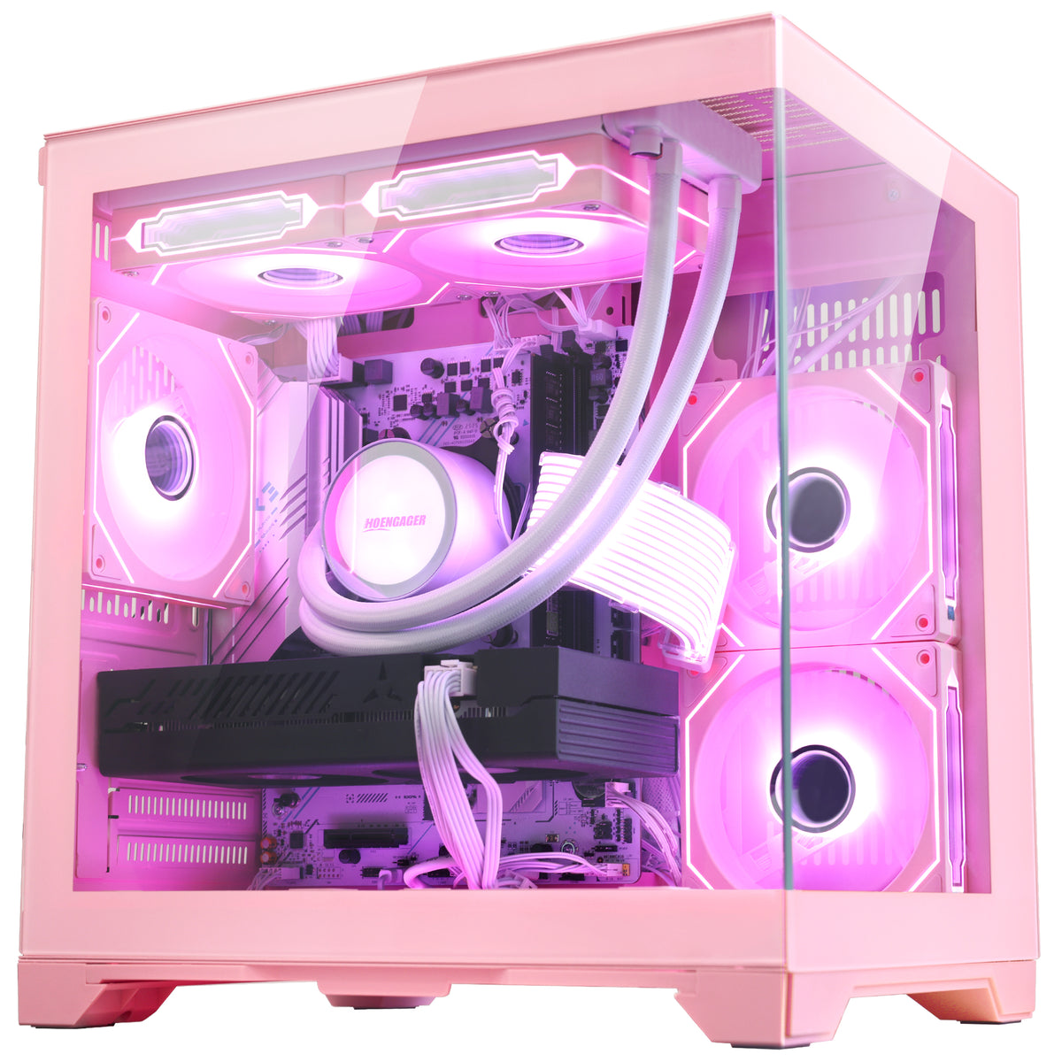 Dimension diagram of Hoengager Panorama Pink gaming PC showing 348mm length, 280mm width, and 377mm height