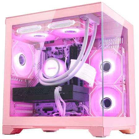 Dimension diagram of Hoengager Panorama Pink gaming PC showing 348mm length, 280mm width, and 377mm height