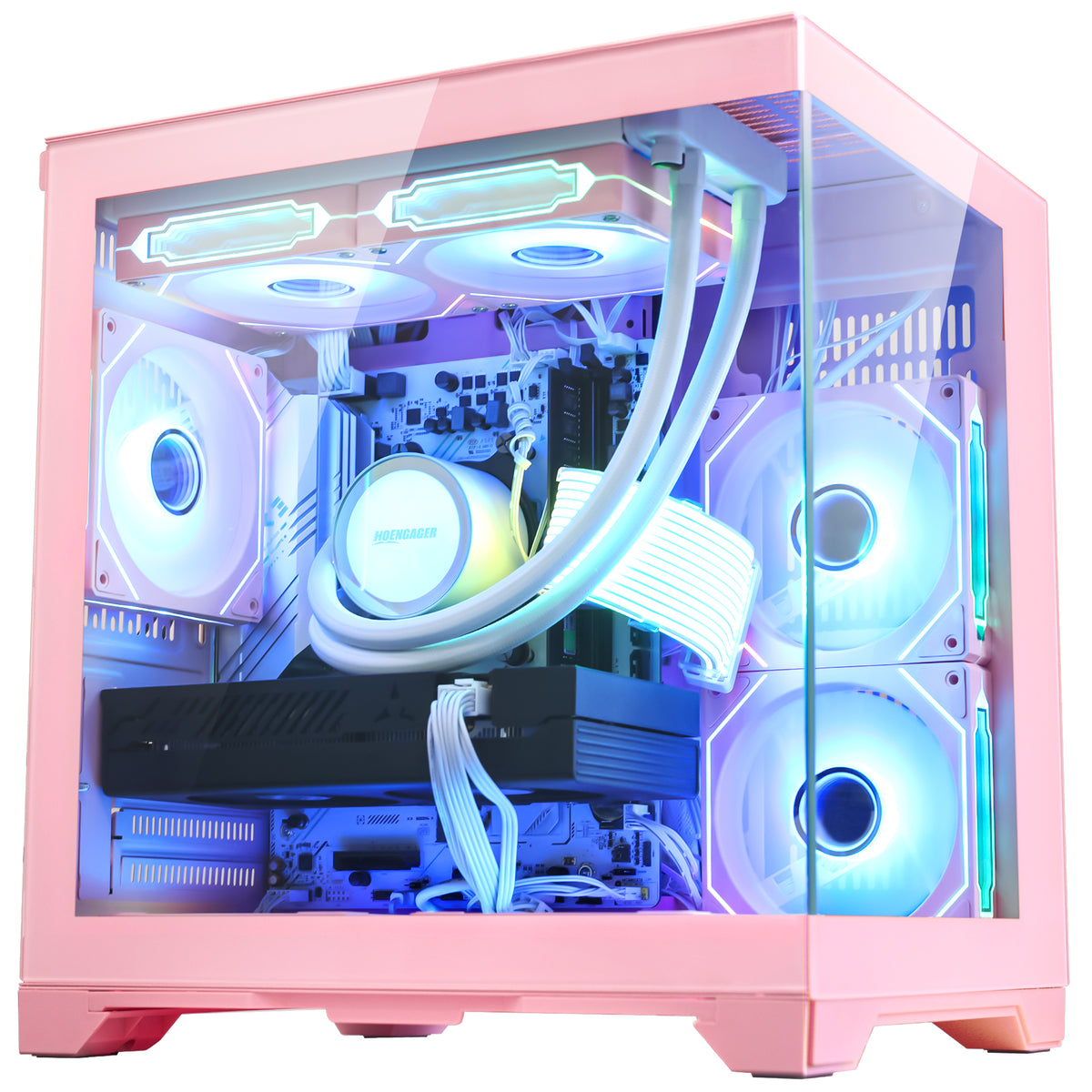 Rear panel layout of Hoengager Panorama Pink desktop computer displaying motherboard I/O ports and RTX 3060 12GB GPU video outputs