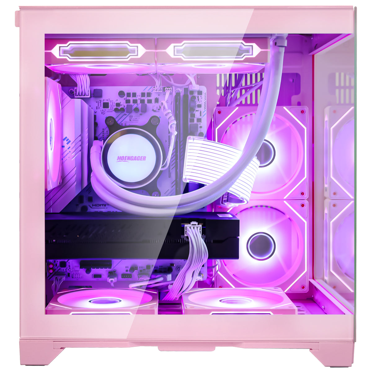 Top I/O port diagram of Hoengager Panorama Pink PC showing Power Button, USB 3.0, USB 2.0, HD Audio, and Reset Button
