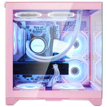 Hoengager Panorama Pink Edition gaming PC featuring AMD Ryzen 5 5500 and RTX 3060 12GB GPU, displaying a pink glass case with dual-fan liquid cooling and RGB lighting