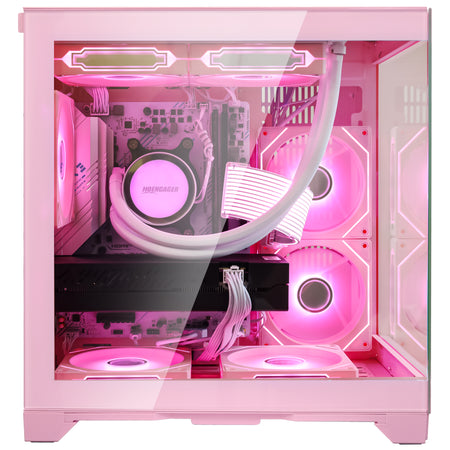 Side glass panel view of Hoengager Panorama Pink prebuilt gaming PC with Ryzen 5 5500 and RTX 3060 12GB GPU glowing in pink ARGB lighting