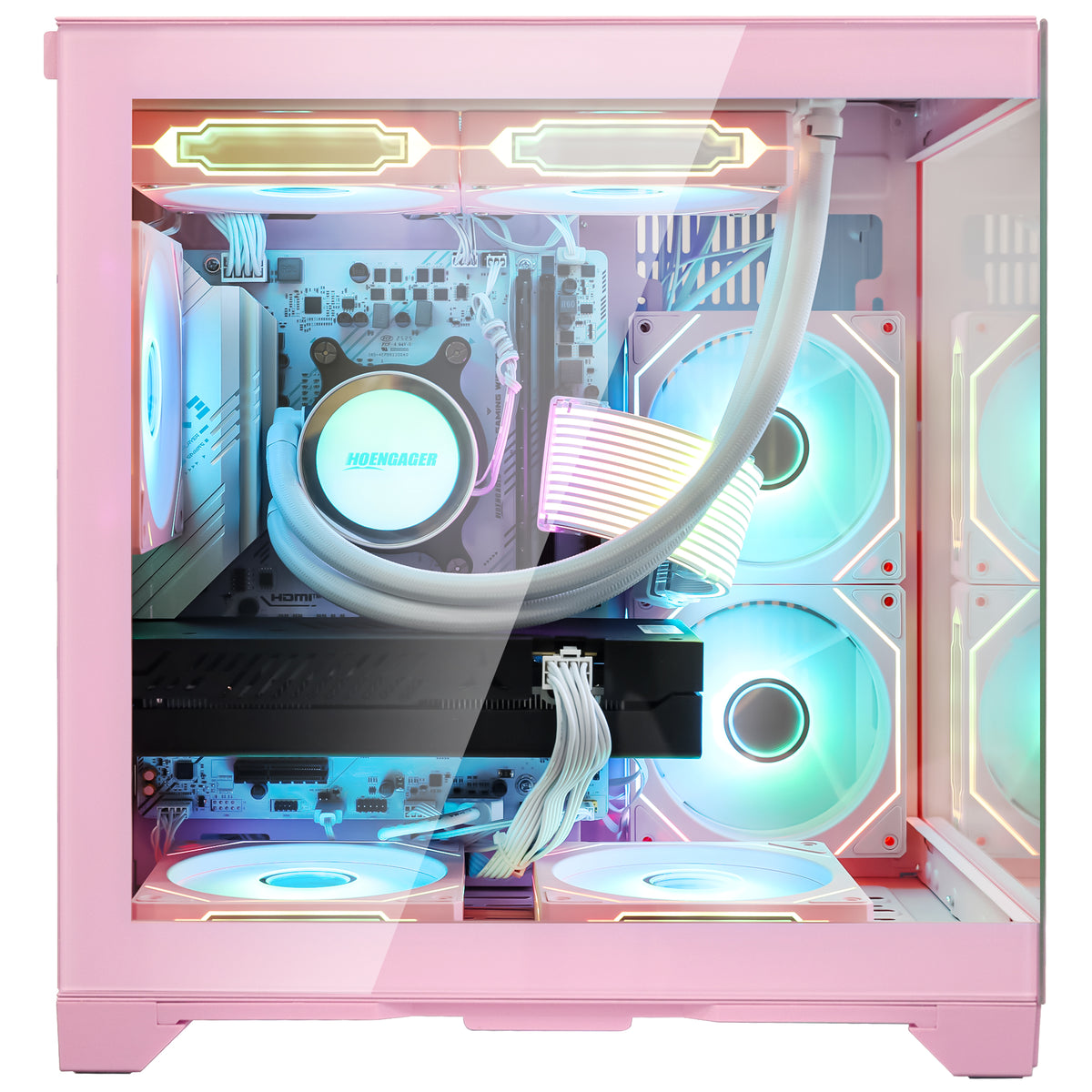 Hoengager Panorama Pink desktop computer with AMD Ryzen 5 5500 and RTX 3060 12GB graphics card displaying teal RGB lighting