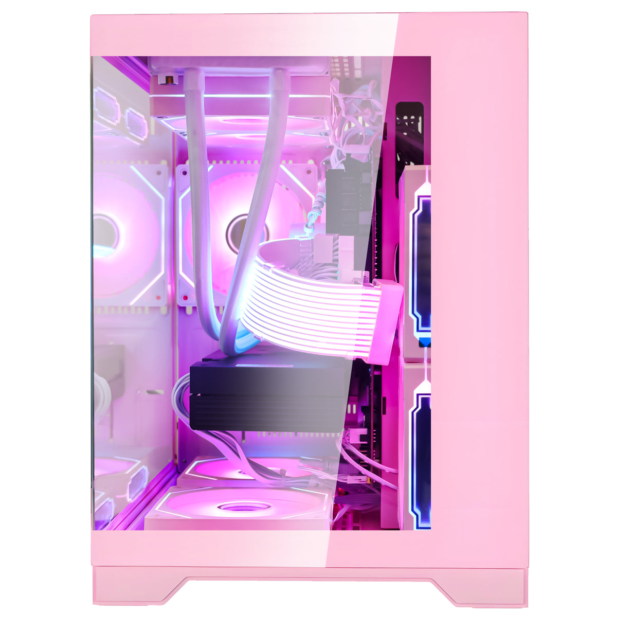 Front view through tempered glass of Hoengager Panorama Pink gaming PC highlighting AIO liquid cooling tubes and hardware design