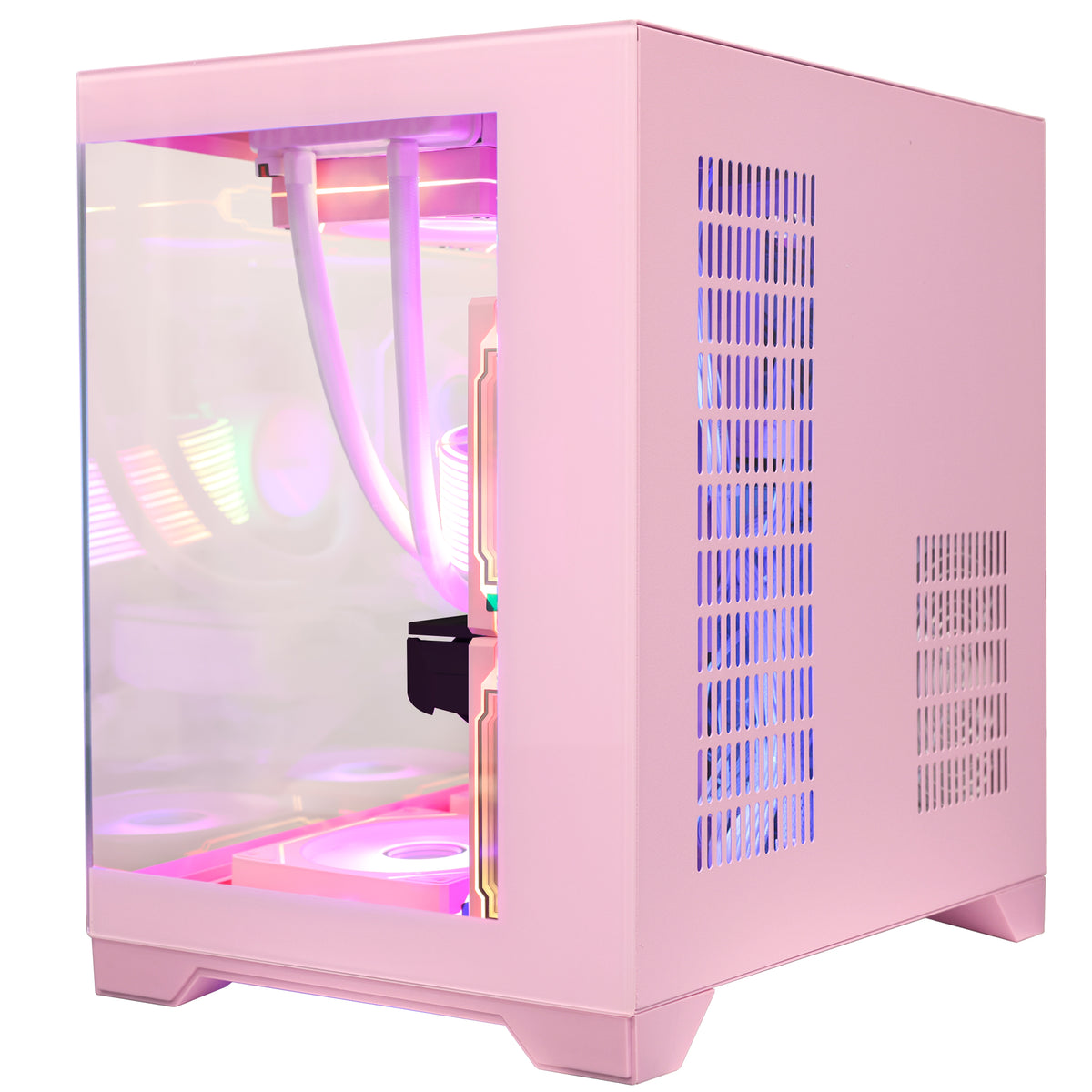 Right side metal panel of Hoengager Panorama Pink PC case with dual ventilation slots for power supply airflow