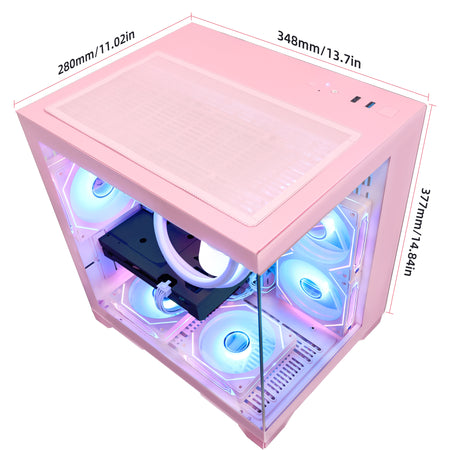 Dimensions measurement diagram for Hoengager Panorama Pink PC case showing 280mm width, 348mm depth, and 377mm height