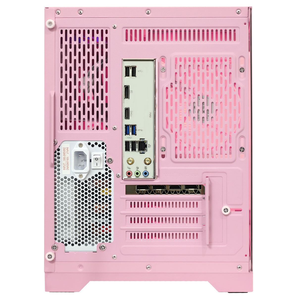 Rear view of Hoengager Panorama Pink desktop showing motherboard I/O ports, DisplayPort, HDMI outputs, and power connector