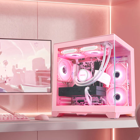 Prebuilt Hoengager Panorama Pink desktop computer with Ryzen 5 5500 and NVIDIA RTX 3060 12G on a desk with matching pink setup