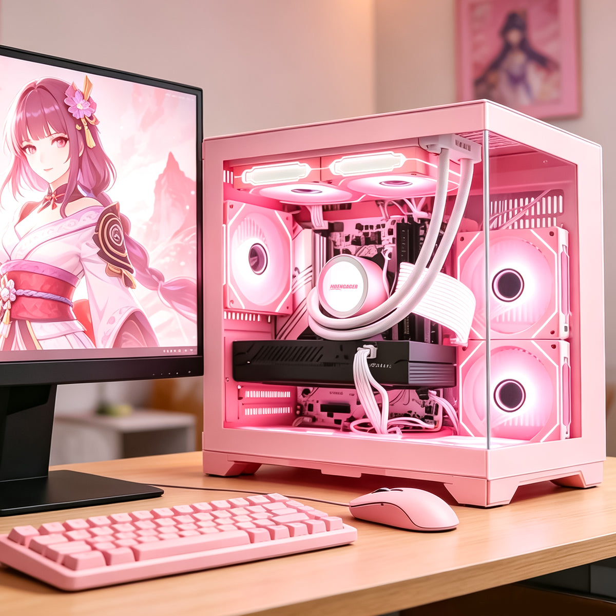 Hoengager Panorama Pink gaming PC featuring Ryzen 5 5500 and RTX 3060 12GB set up on a wooden desk with anime wallpaper