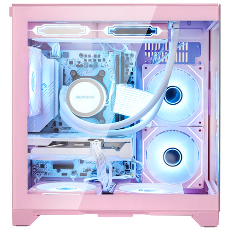 Interior RGB lighting display of the Hoengager Panorama Pink gaming case, illuminating the Ryzen 5 5500 and RTX 5060 Ti 8GB components.