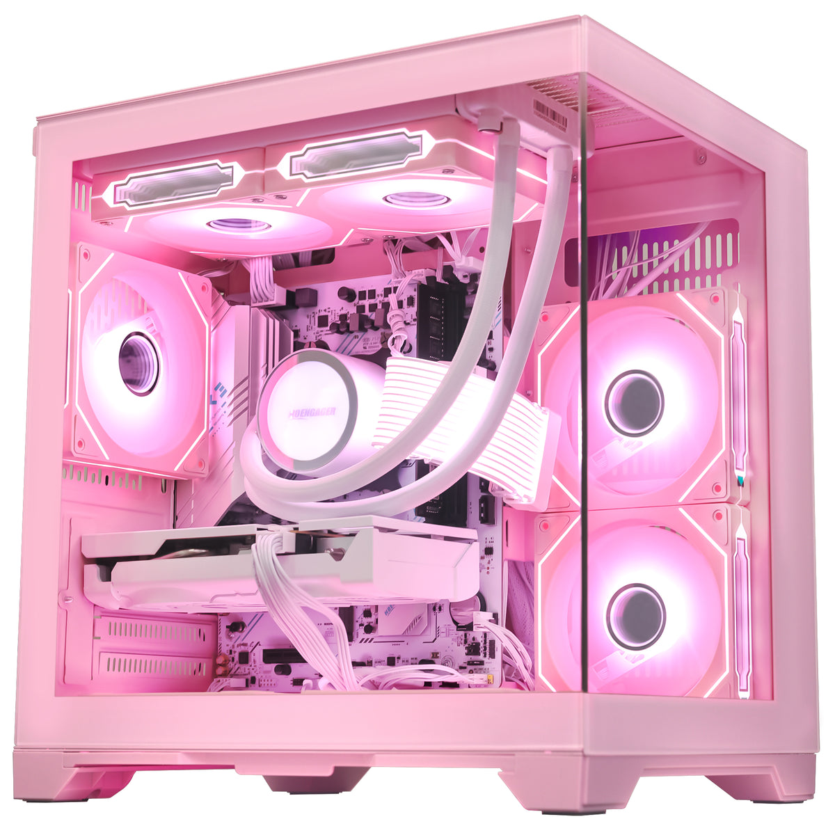 Front profile view of the Hoengager Panorama Pink Gaming PC featuring an AMD Ryzen 5 5500, AMD RX 9060 XT 16GB, and a seamless dual-glass chassis.