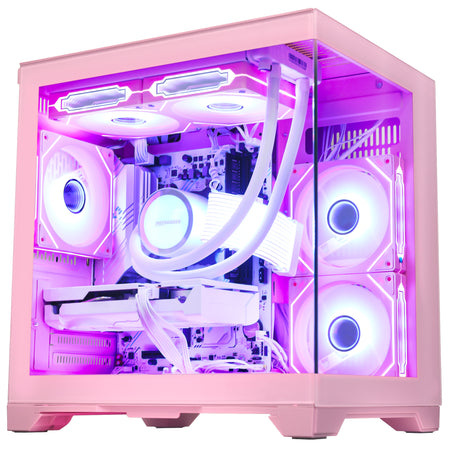 Left-angled front view of the Hoengager Panorama Pink desktop computer, highlighting the pillarless glass design housing the Ryzen 5 5500 and RX 9060 XT 16GB.