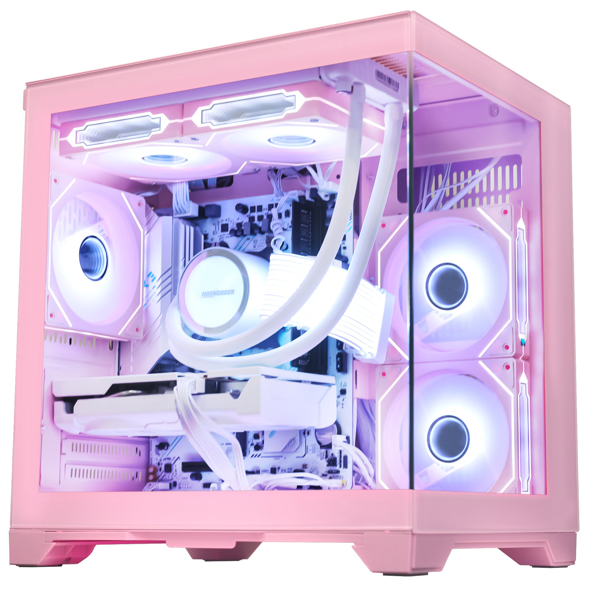 Straight left side glass view of the Hoengager Panorama Pink PC powered by Ryzen 5 5500 and RX 9060 XT 16GB, showing the clean internal layout.
