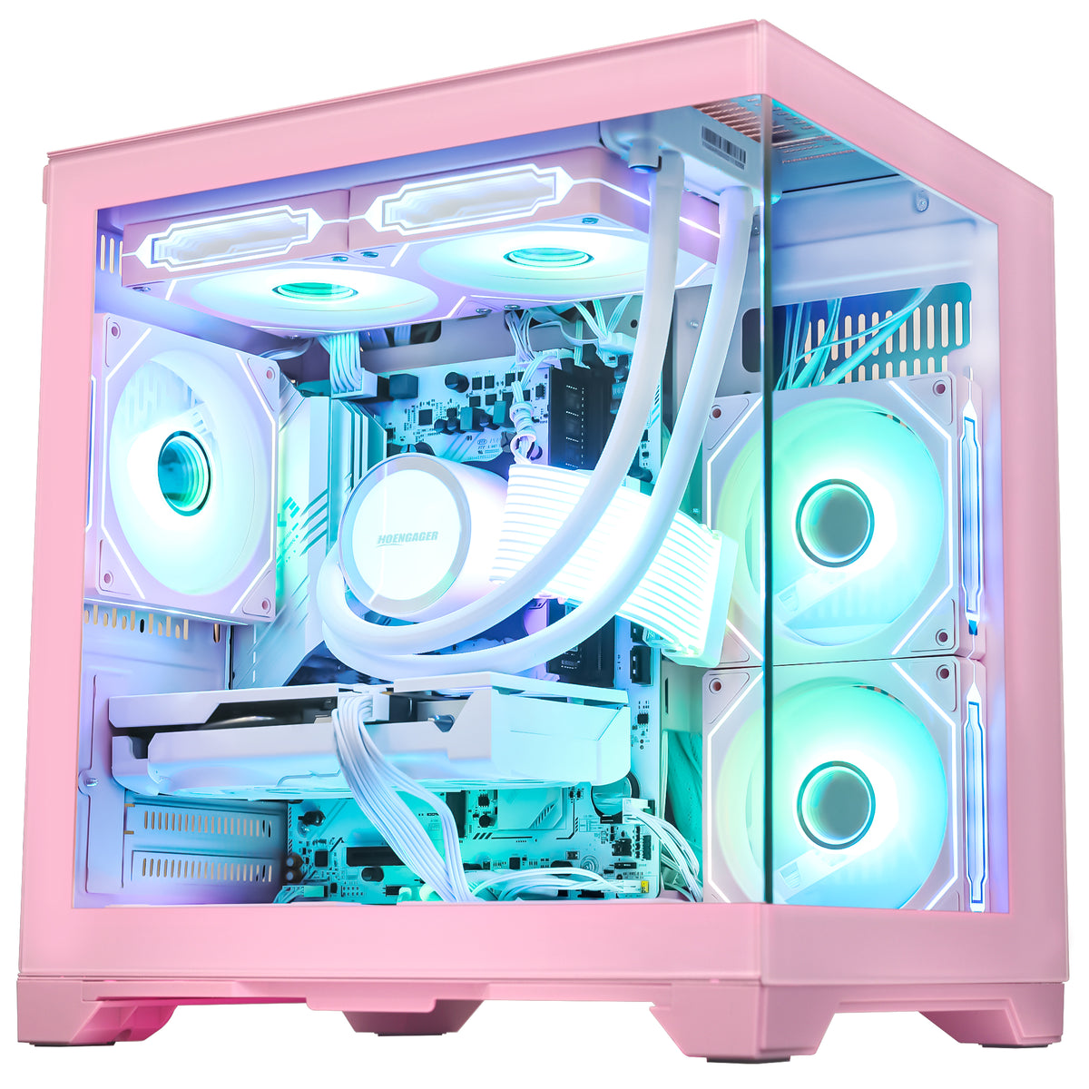 Detailed view of the AMD Ryzen 5 5500 processor area and liquid cooler inside the Hoengager Panorama Pink gaming computer.
