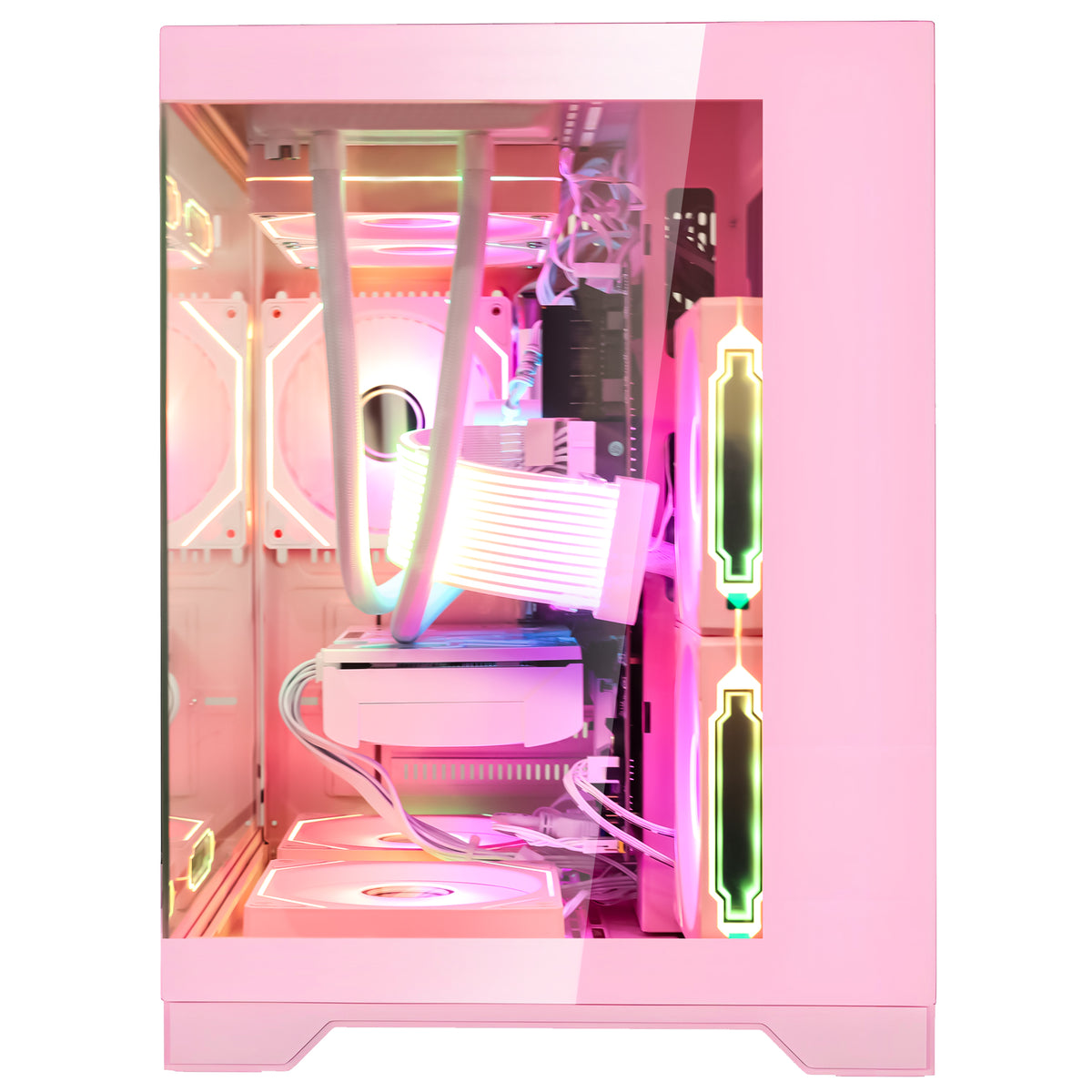 Side view of the Hoengager Panorama Pink PC with the glass panel removed, allowing easy access to the RX 9060 XT 16GB and Ryzen 5 5500.